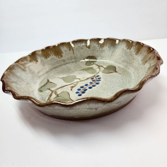Handmade Deep Dish Pottery Pie Plate with Leaf and Berries Design 9.5" - Picture 2 of 5